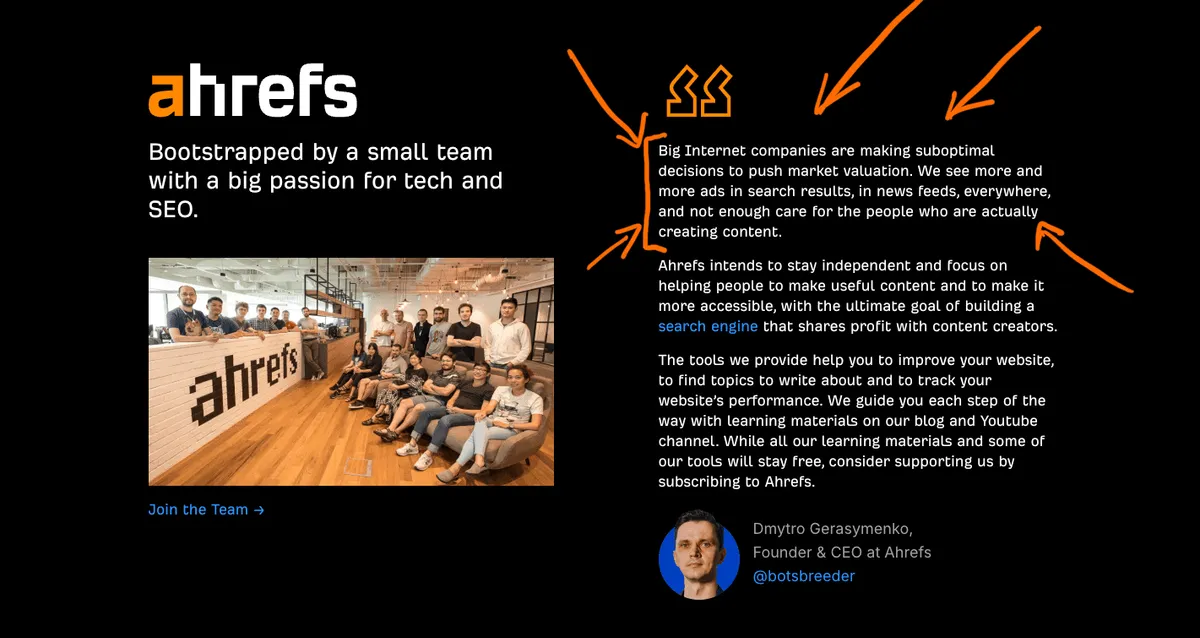 Ahrefs founder's statement about big internet companies prioritizing ads over creators