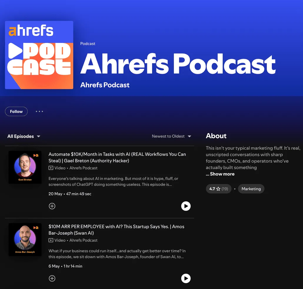 Current Ahrefs Podcast branding that looks like any generic marketing show
