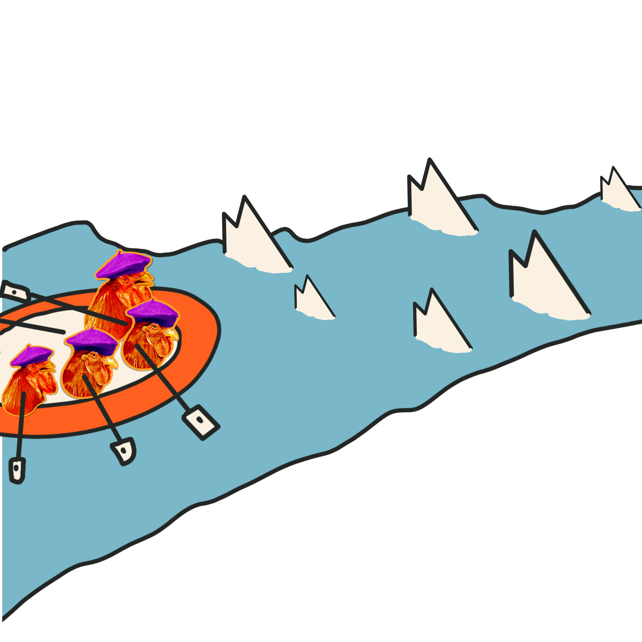 Roger the Rooster and his friends want to avoid the rocks (struggles) in order to reach the beach (job).