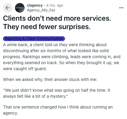 Agency owner's comment about losing a client due to poor communication
