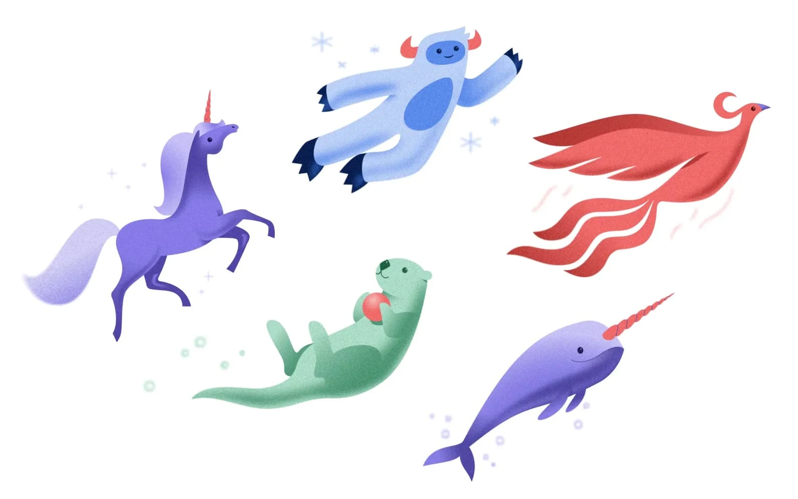 Asana mascot: Celebration Creatures (Unicorn, Narwhal, Yeti, Phoenix, Otter)