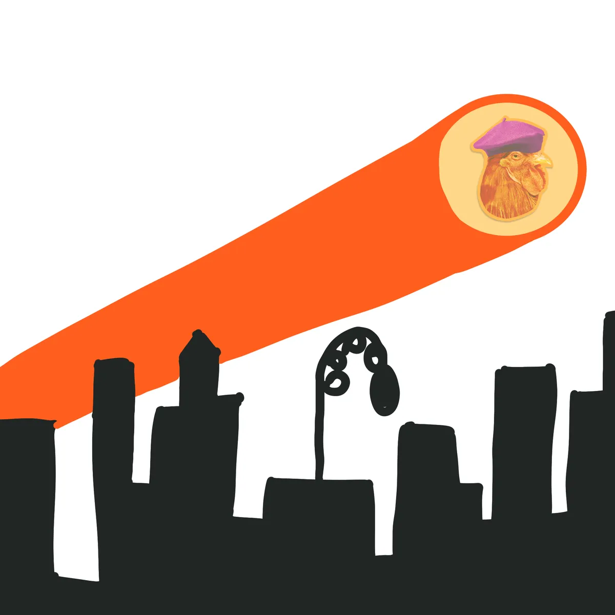 A rooster in a beret beaming a bat-signal over a city skyline, illustrating how a point of view signals to your segment