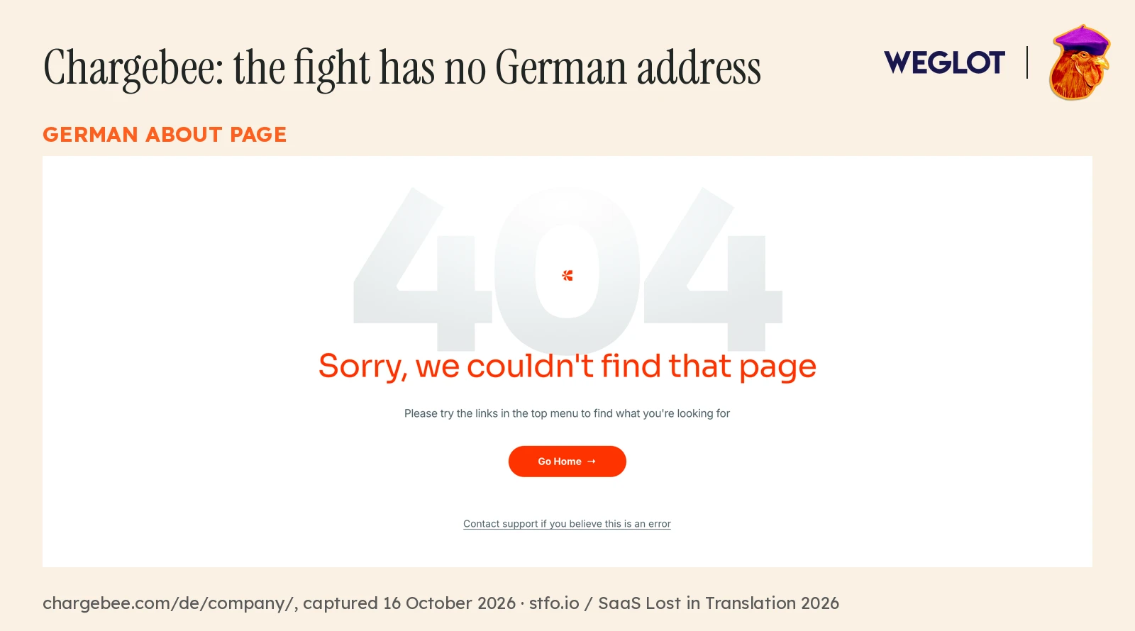 Chargebee's German About page showing a 404 page-not-found error.