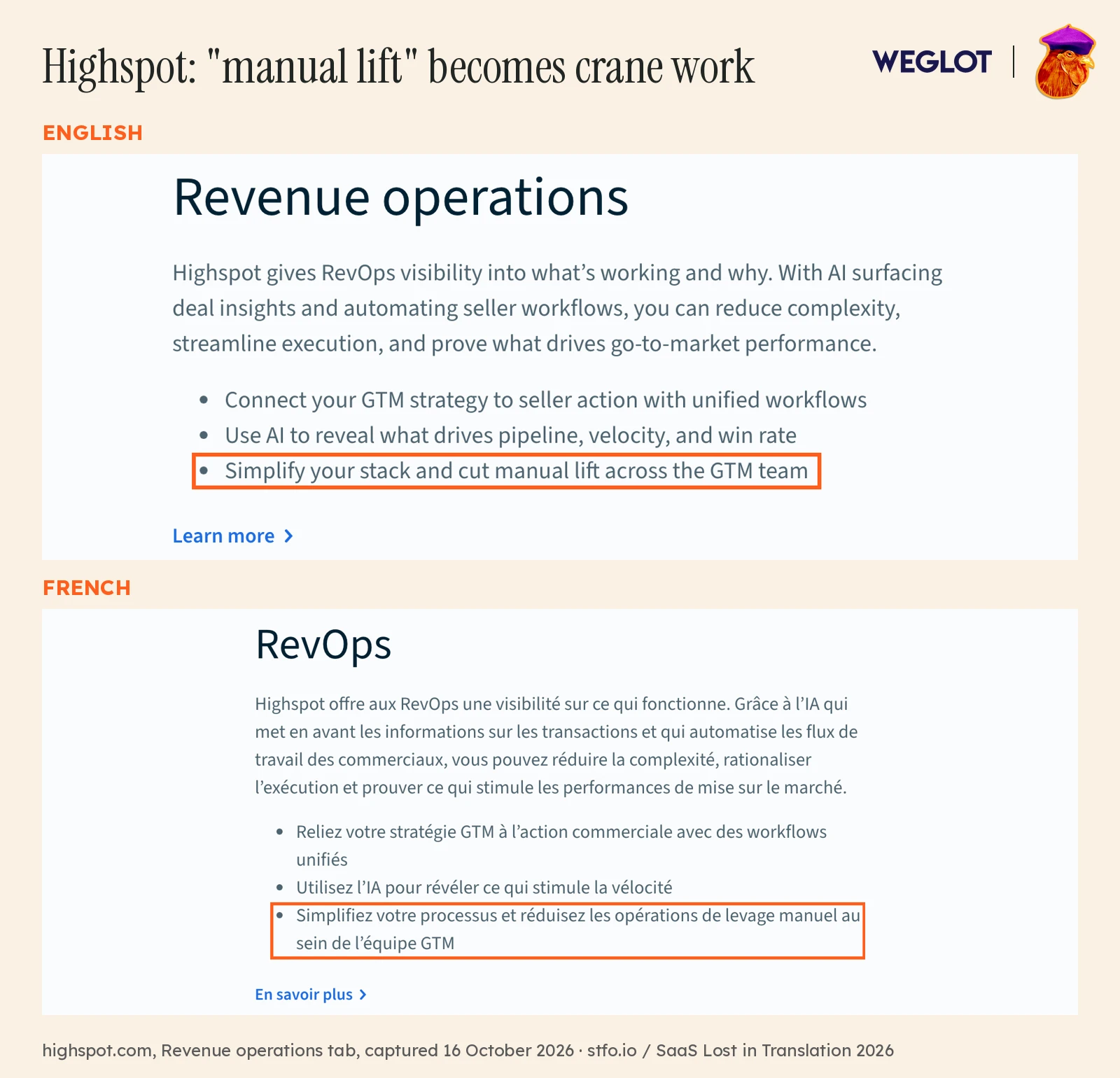 Highspot's Revenue operations section in English and French, with the line about manual lift highlighted in both.