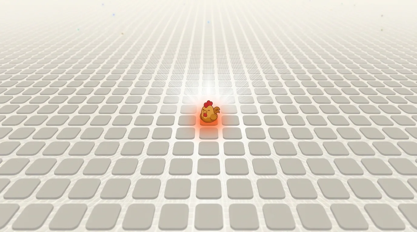 A grid of identical grey tiles fading to the horizon, with a single glowing orange rooster standing out in the middle.
