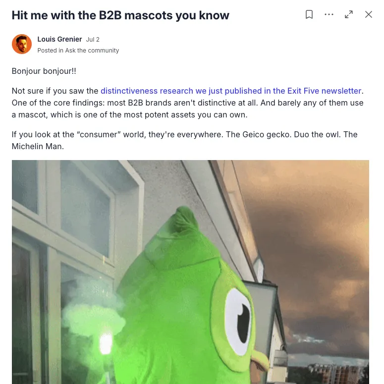 My post in the Exit Five community asking marketers which B2B mascots they know.