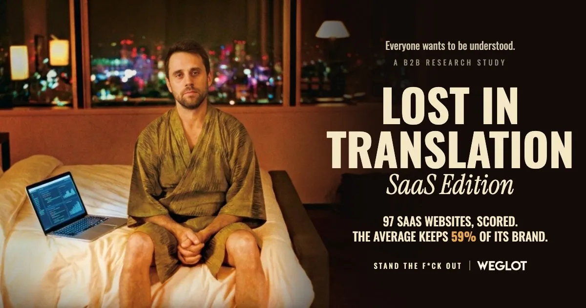 Lost in Translation, SaaS Edition: a film-poster parody with Louis Grenier in a hotel robe on the edge of a bed at night. 97 SaaS websites, scored. The average keeps 59% of its brand.